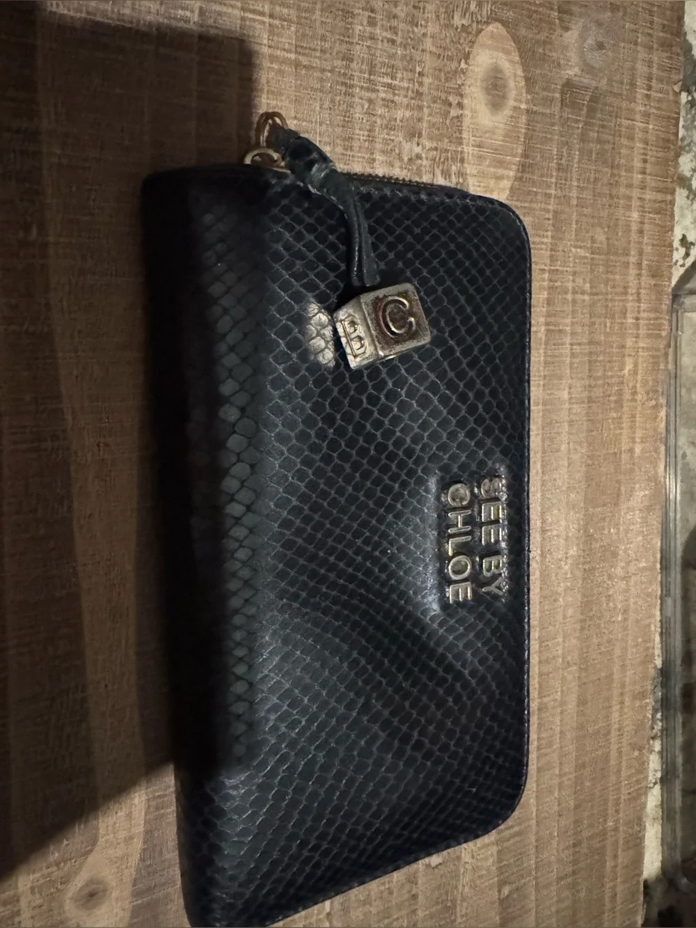See by Chloé Black Embossed Snakeskin Zip Around Continental Wallet